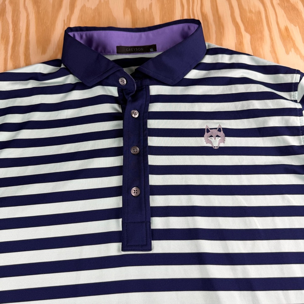Greyson Mens XL Striped Golf Polo Shirt Navy Blue Wolf Logo Performance Stretch